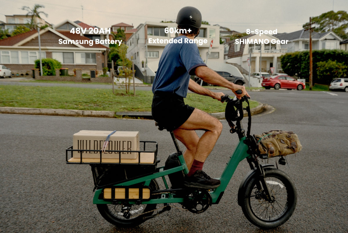 A person riding the Vamos Bikes Amigo Plus electric cargo and passenger bike in green.