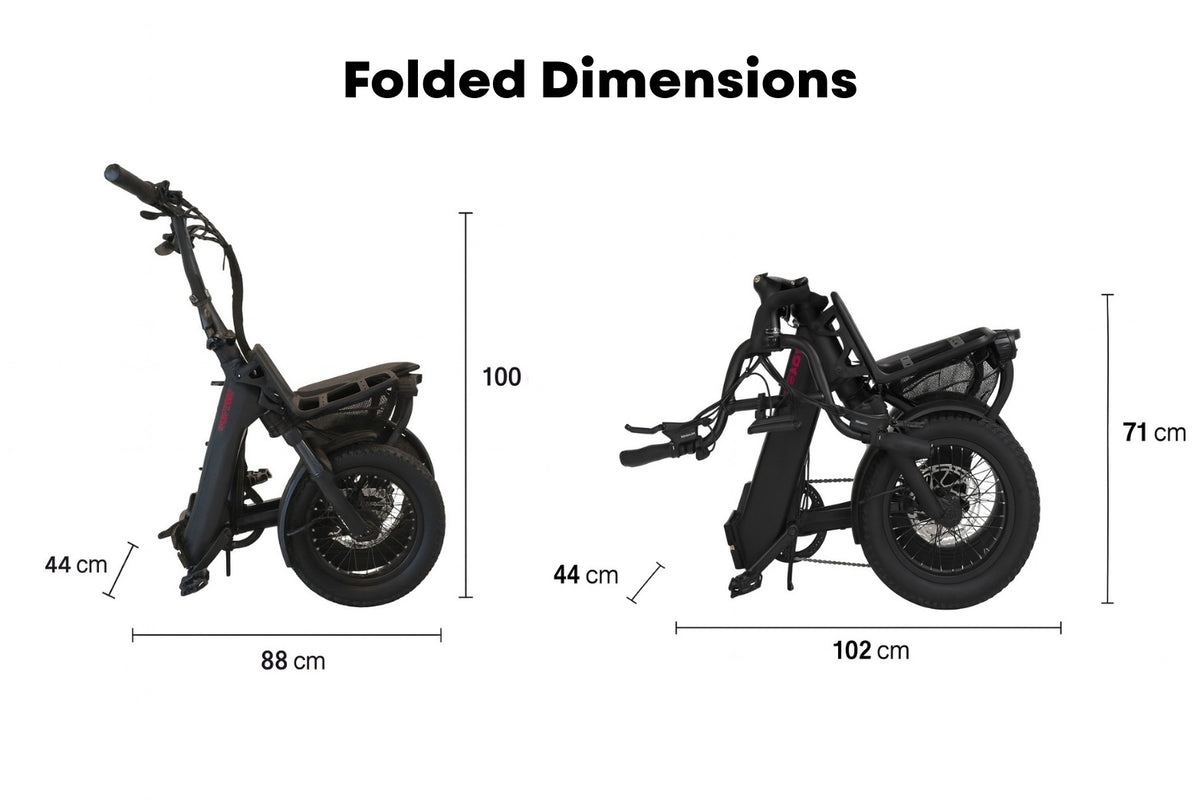 The folded dimensions of the Vamos Doblez 2026 Foldable E-Bike in two different configurations