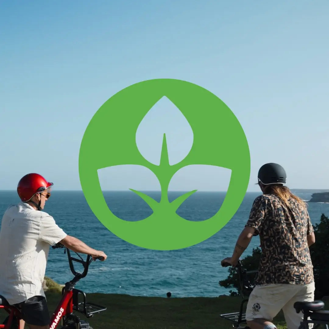 An informational graphic or badge highlighting Vamos Bikes' "Australian Owned" heritage and Bondi roots.