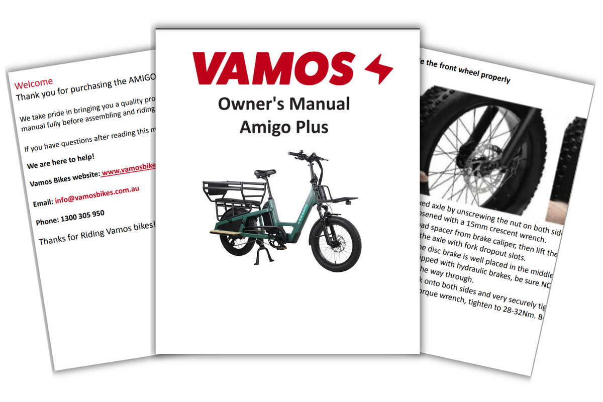 Cover image for the Vamos Amigo Plus user manual, providing setup instructions for the all-purpose commuter model.