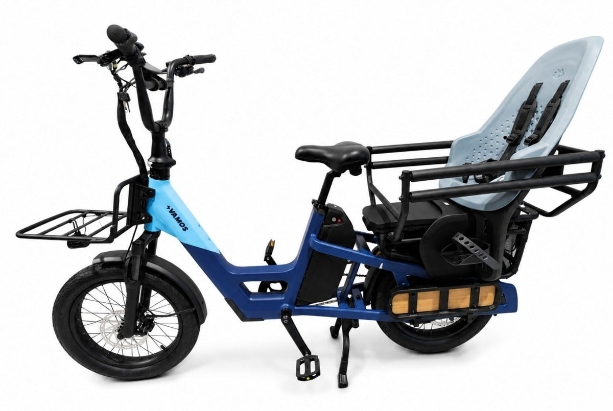 A blue Amigo Plus 2026 - All-Purpose Passenger Commuter E-Bike equipped with a rear child seat.