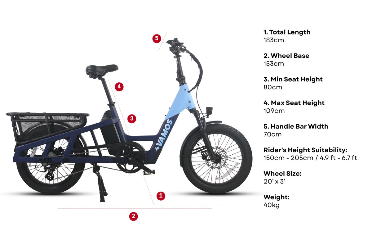 Specification sheet and measurements for the Vamos Amigo Plus 2026 - All-Purpose Passenger Commuter E-Bike, an all-purpose passenger commuter and cargo e-bike.
