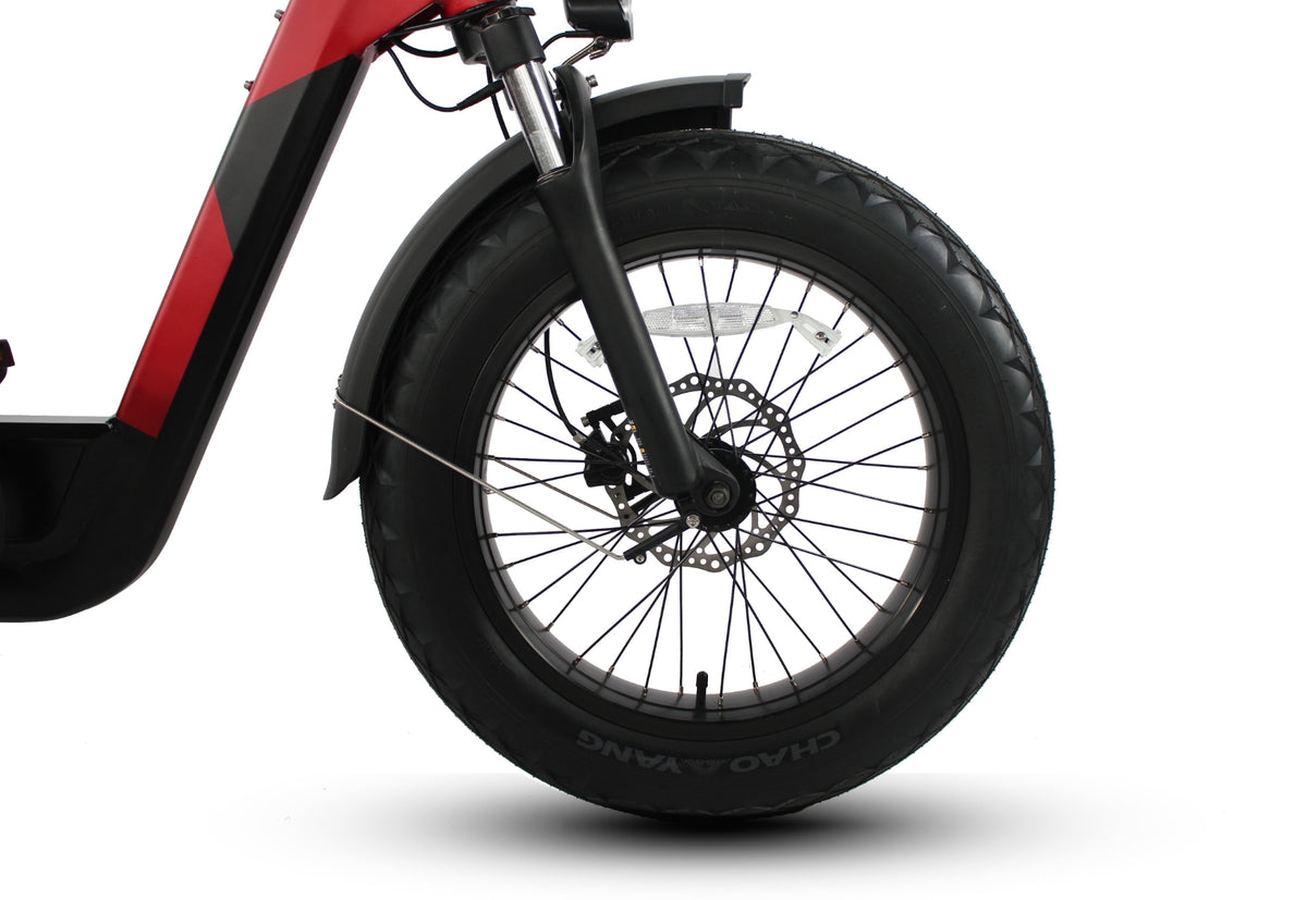 Chaoyang fat tyres mounted on a Vamos bike for durability.