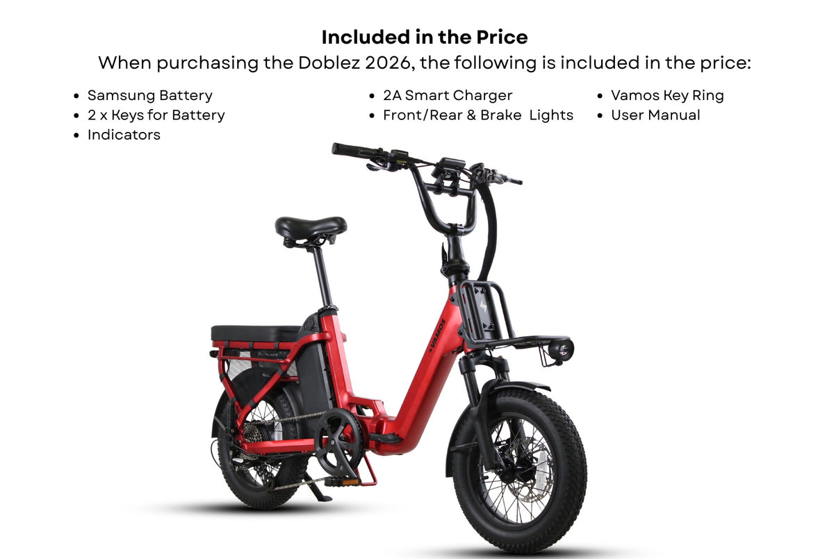 The official list of items included when purchasing the Vamos Doblez 2026 Foldable E-Bike.