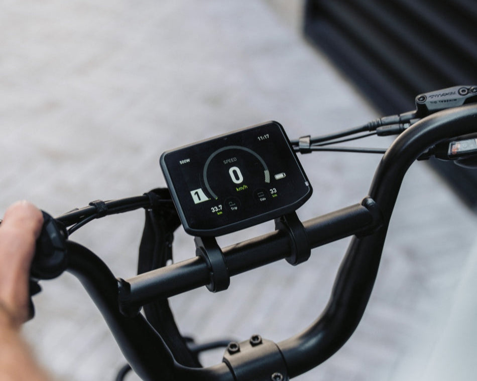 A close-up shot of a Vamos Trio 3-wheel electric trike's digital display panel mounted on the black handlebars.