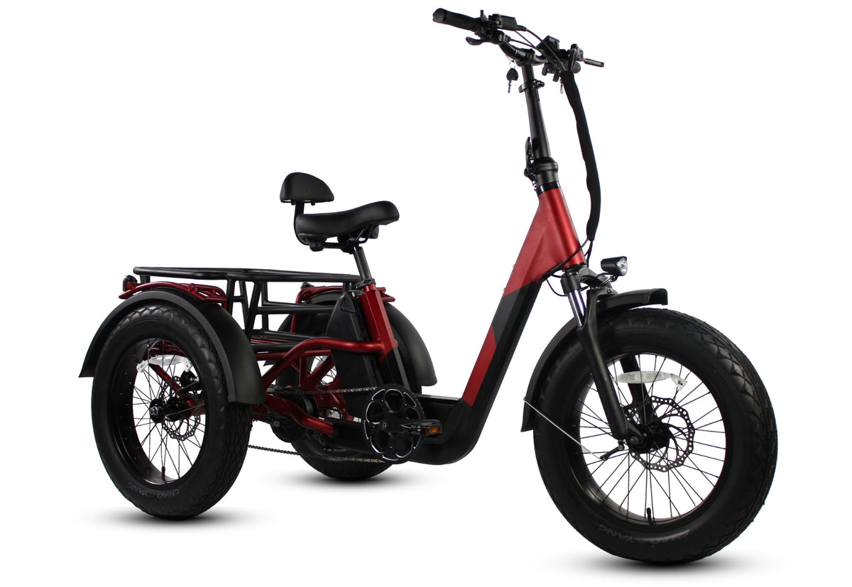 Vamos three-wheel electric trike in red, studio product image on white background