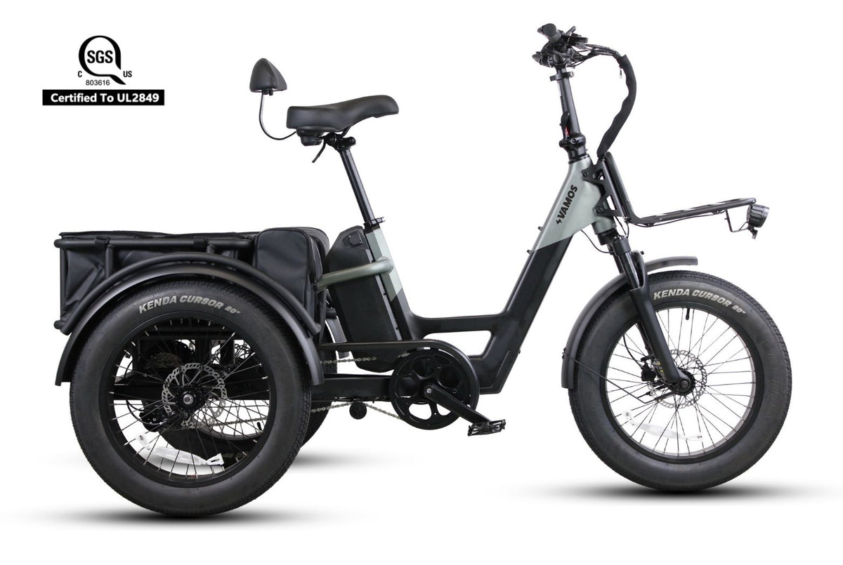 Vamos Papa Grande Pro, a fat-tire 3-wheel electric tricycle in a grey and black color scheme.