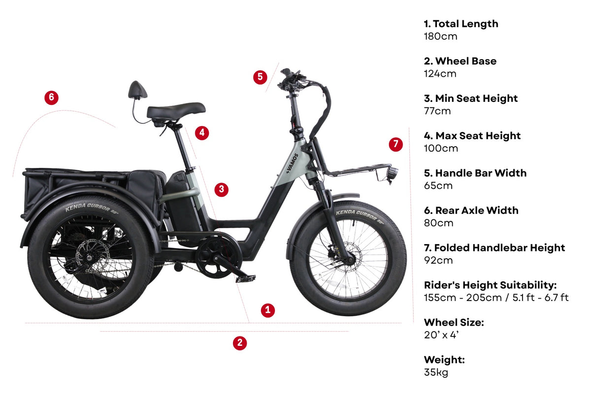 The image shows the Vamos Papa Grande Pro, a 3-wheel electric fat-tire cargo tricycle.