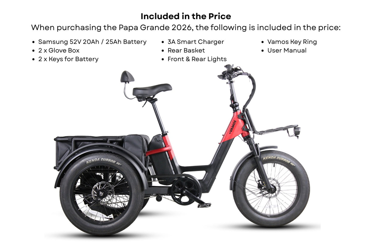Vamos Papa Grande Pro 2026 electric cargo tricycle showing dimensions, fat tires, and a rear cargo box.