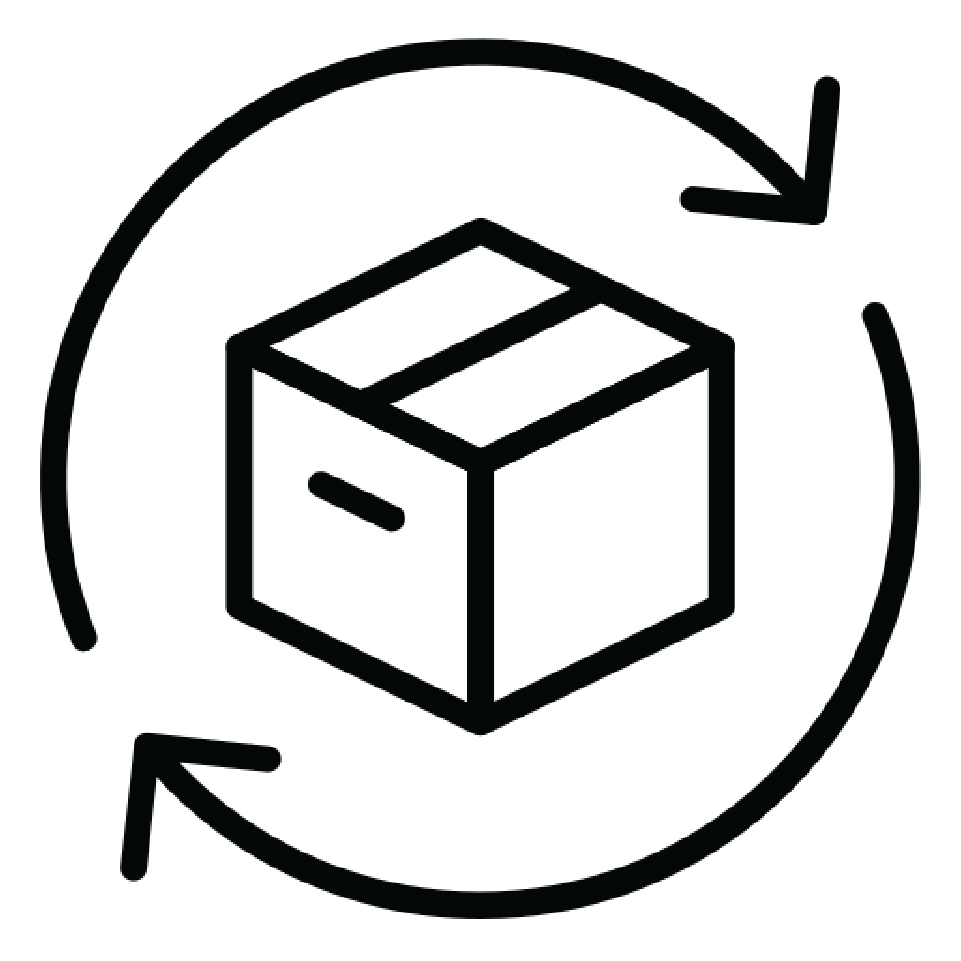 A black line-art icon of a cardboard box enclosed by two circular arrows