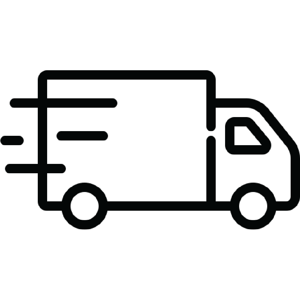 A black-and-white icon of a delivery truck with motion lines.
