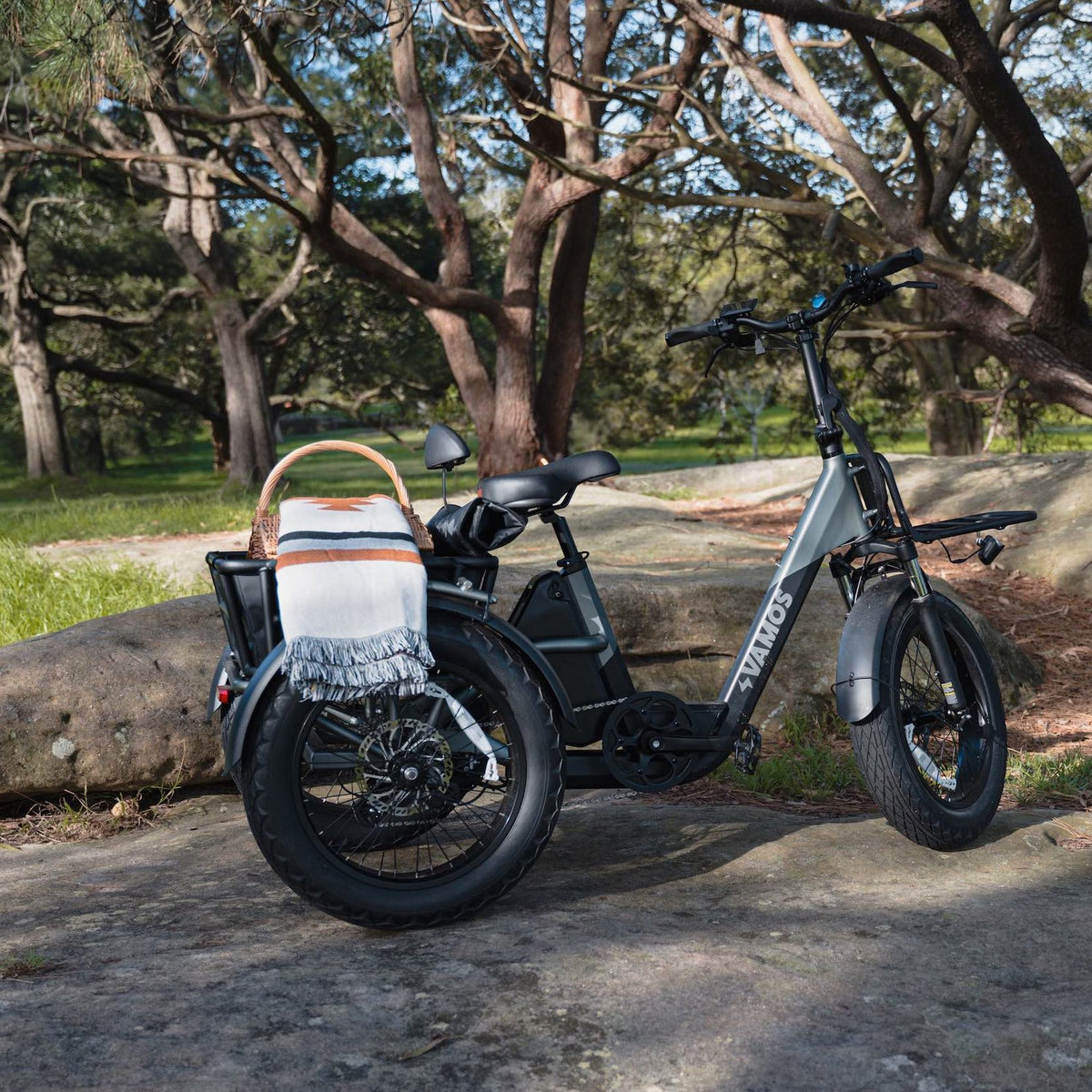 A grey Vamos Papa Grande Pro electric fat-tire tricycle equipped with a rear cargo basket and a folded blanket.