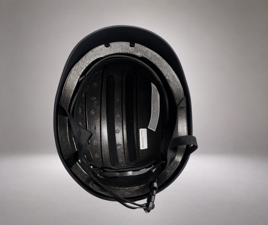 The inside of a black Vamos Bike Helmet