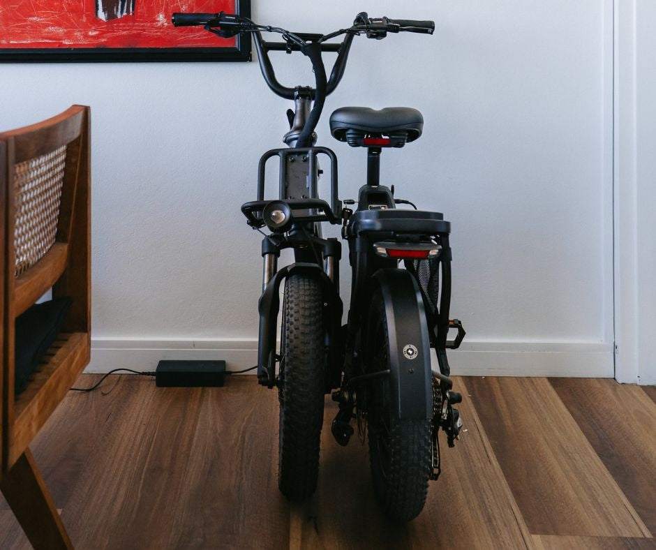 The Vamos Doblez 2026 compact foldable electric bike in its folded position