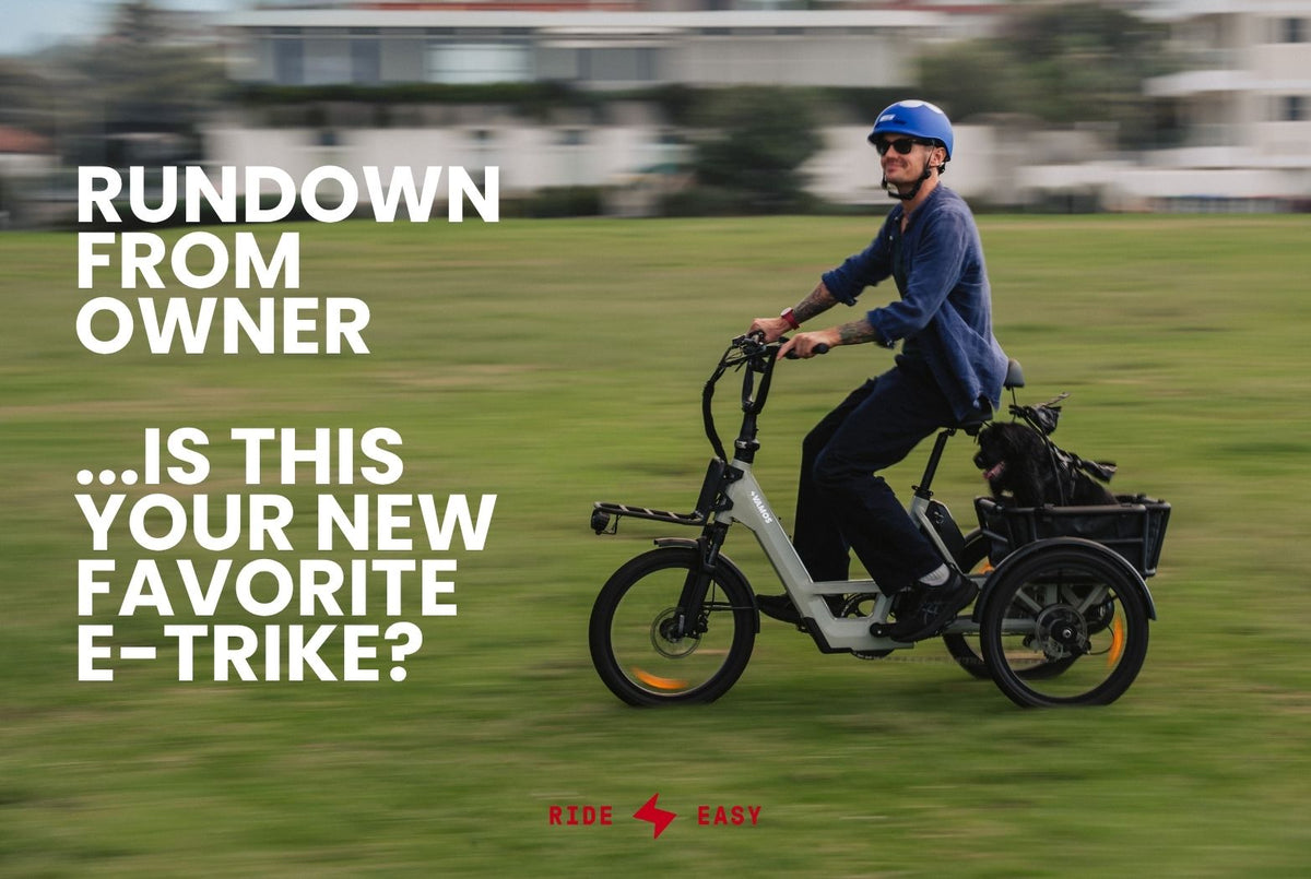 Rider on a Vamos electric tricycle with a dog on grass, text asking "Is this your new favorite e-trike?".