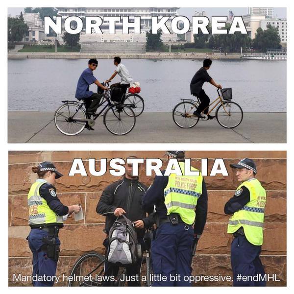 Comparison bicycle safety rules in Australia with daily life in North Korea