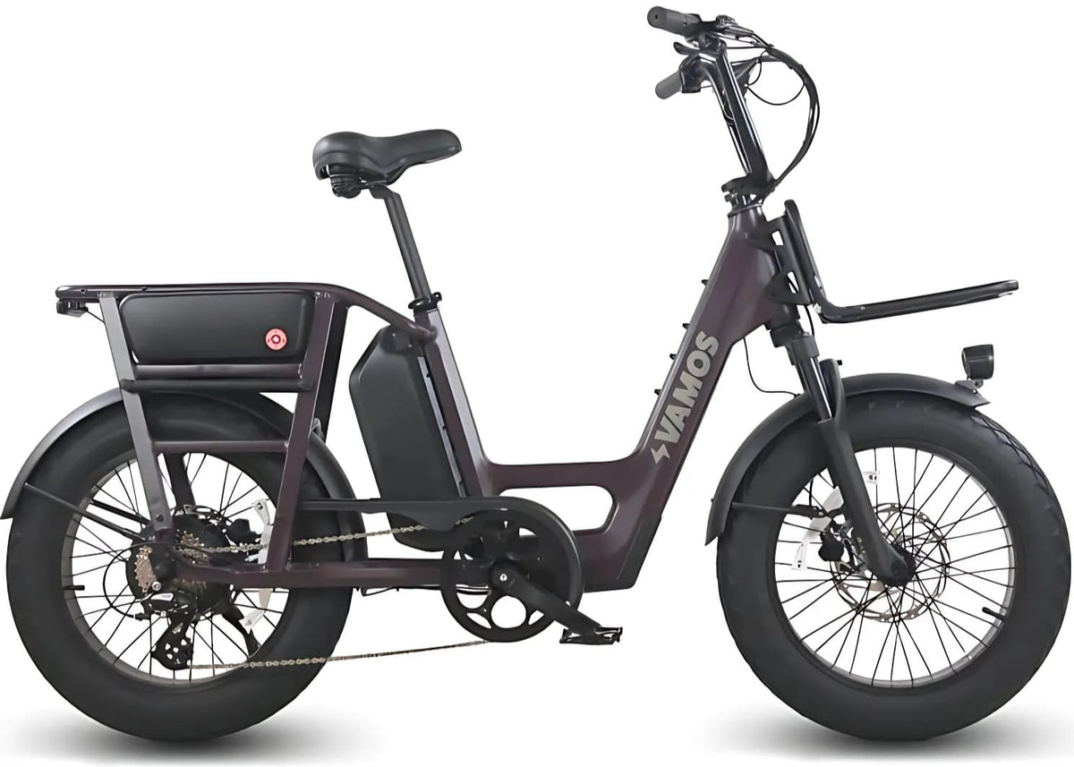 Step-through electric cargo bike with rear rack and fat tyres on white background