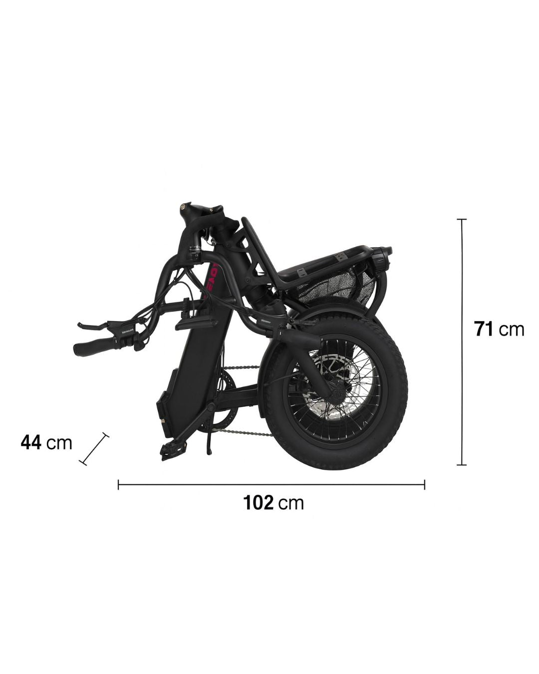 A side view of a folded black Vamos e-bike showing compact storage dimensions: 102 cm in length, 71 cm in height, and 44 cm in width, demonstrating its portability for travel or home storage.
