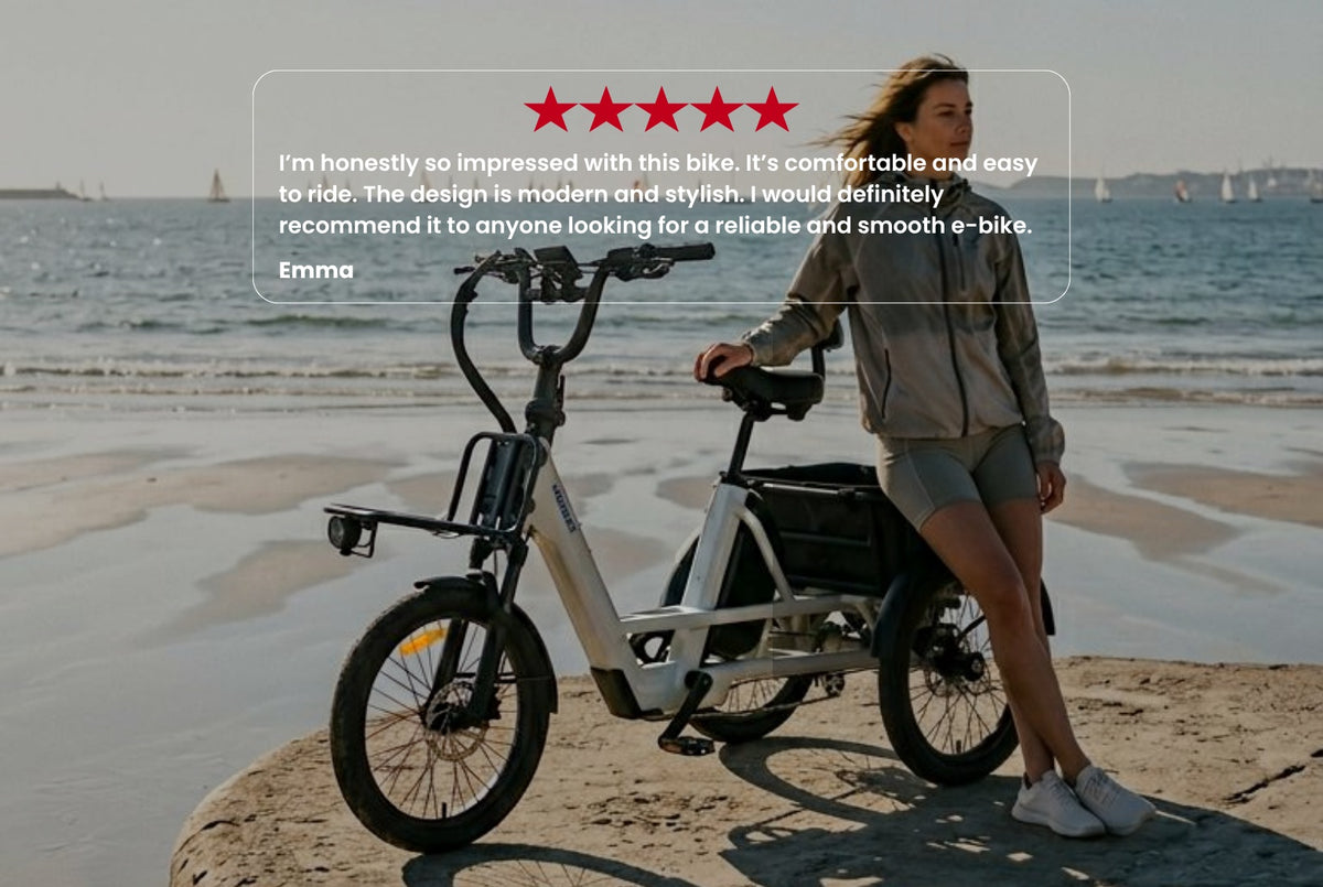 A 5-star customer review overlaying a woman standing with a Vamos Trio, 3 Wheel Electric Trike on a beach.