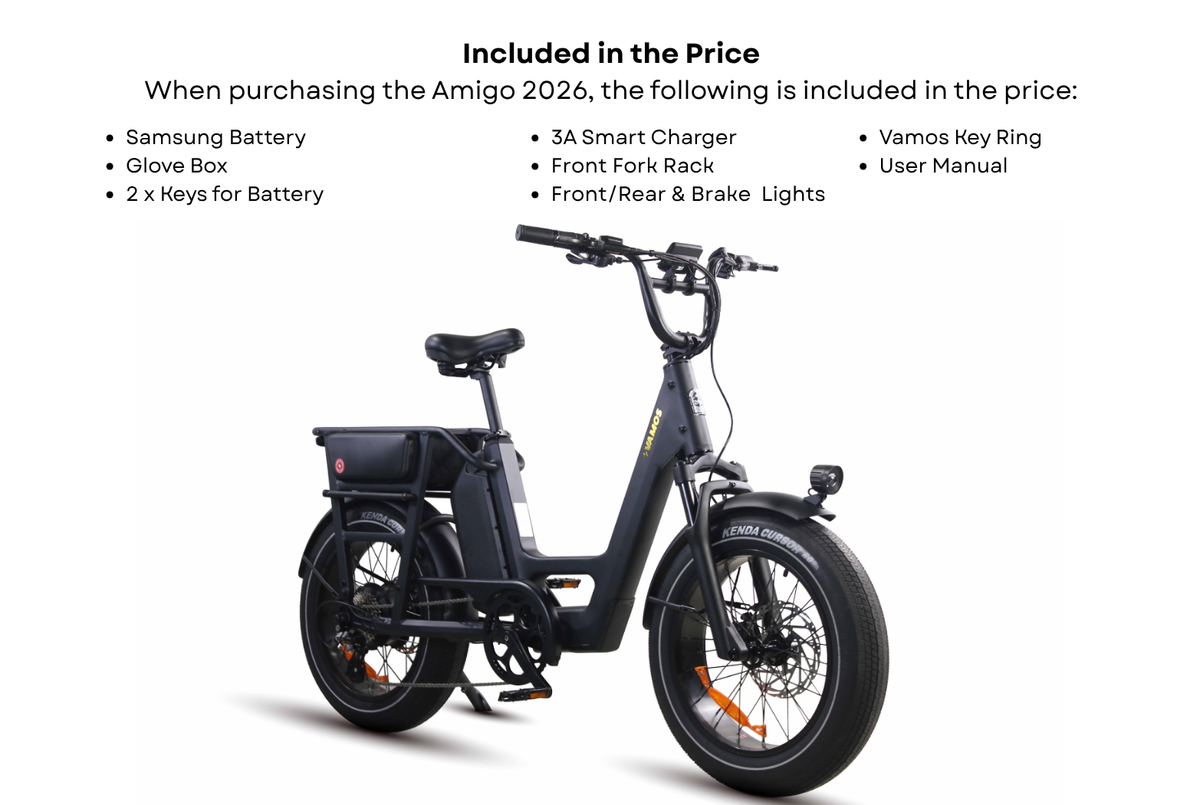 Vamos Amigo 2026 all-purpose compact cargo e-bike, which comes bundled with a Samsung battery, charger, front fork rack, and other accessories