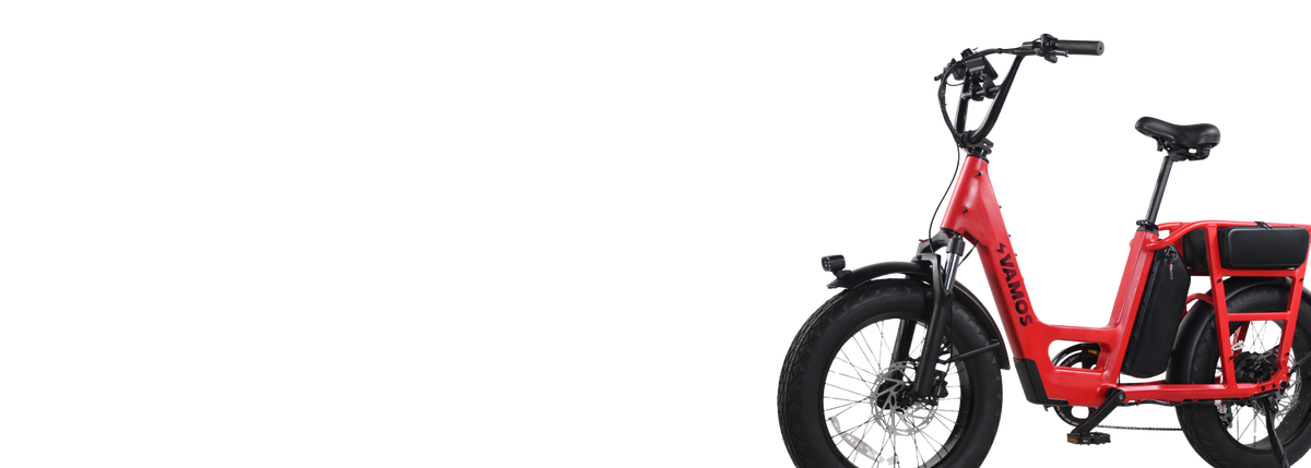 Desktop homepage banner for the Vamos Amigo e-bike, highlighting its utility design and versatility for daily riding.