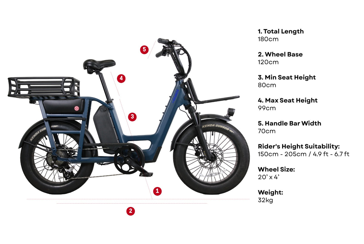 Vamos Amigo 2026 All-Purpose Compact Cargo E-Bike in blue, highlighting its frame dimensions and rider specifications.