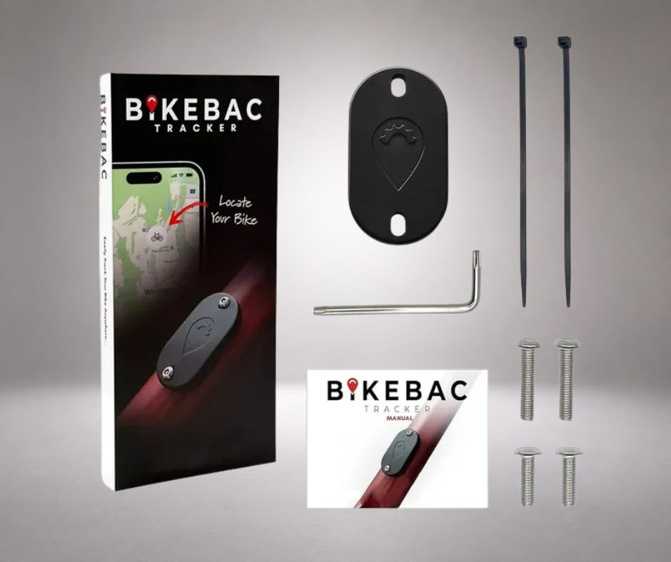 Bikebac bike tracker kit including a black mount, hardware, instruction manual, and packaging box.