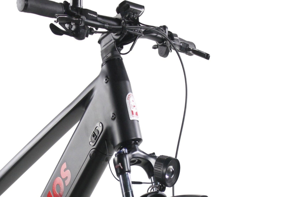Detailed view of the Vamos El Diablo e-bike, highlighting the ergonomic handlebars and display.