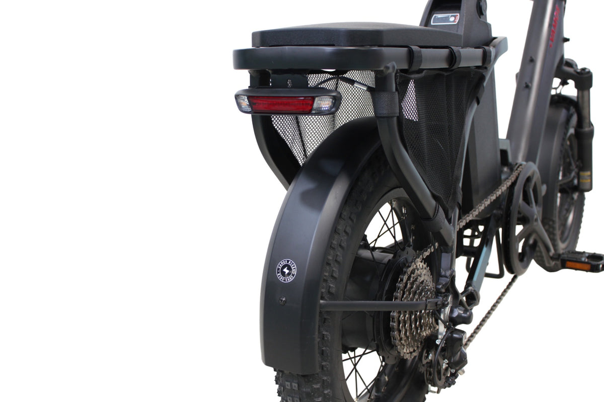 Rear wheel and fender of a Vamos El Doblez folding electric fat bike