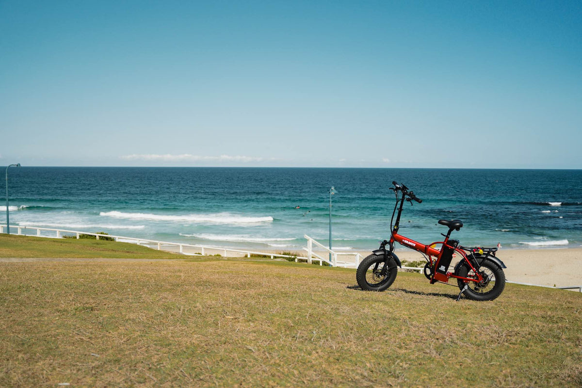 A red Vamos El Doblez electric folding bike parked on a grassy hill overlooking a scenic ocean beach.