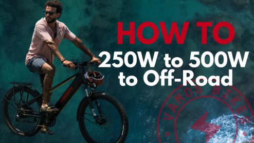 Promotional graphic for Vamos Bikes Australia showing a rider on a mountain e-bike over a turquoise ocean background, highlighting the transition from 250W commuter power to 500W off-road power.