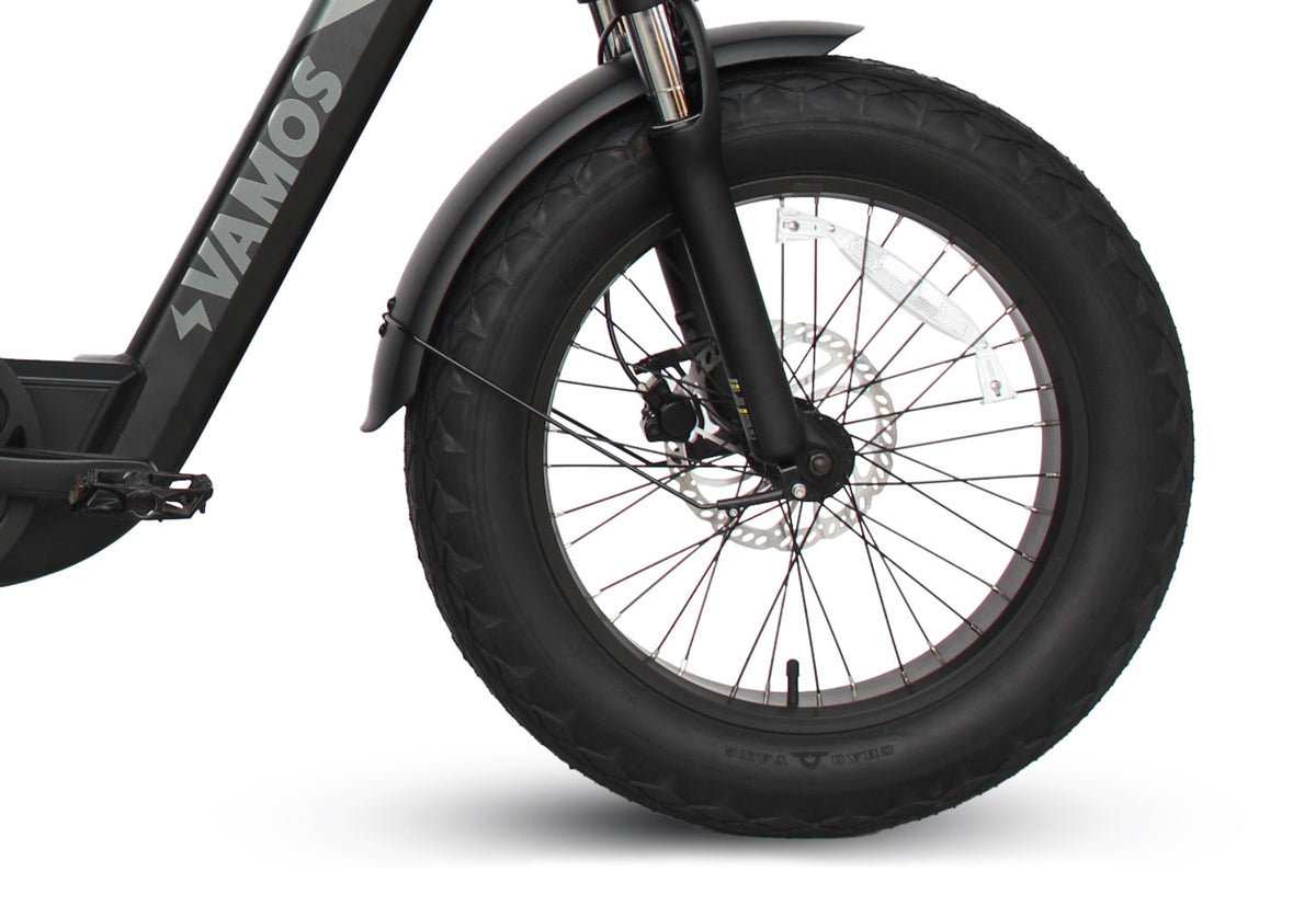 Hydraulic disc brakes for smooth stopping power on Vamos bikes.