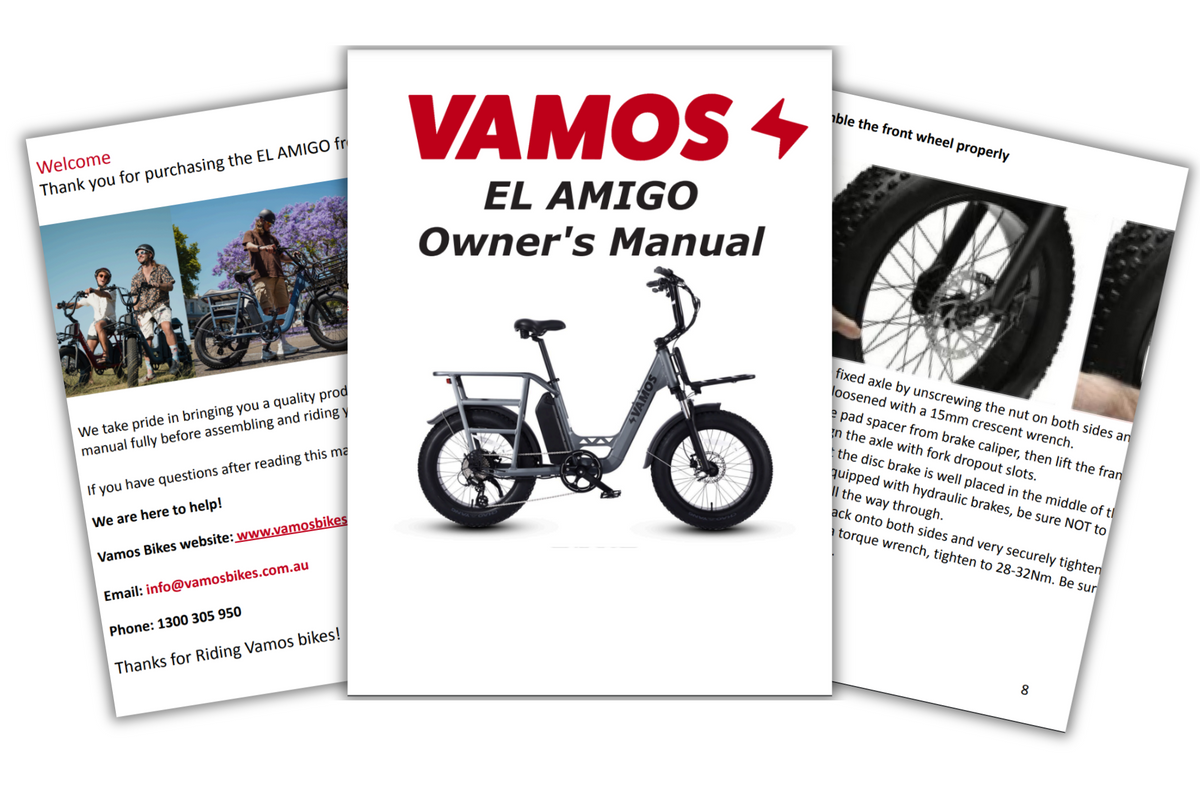 Vamos El Amigo electric bike owner’s manual cover showing the bike on a white background