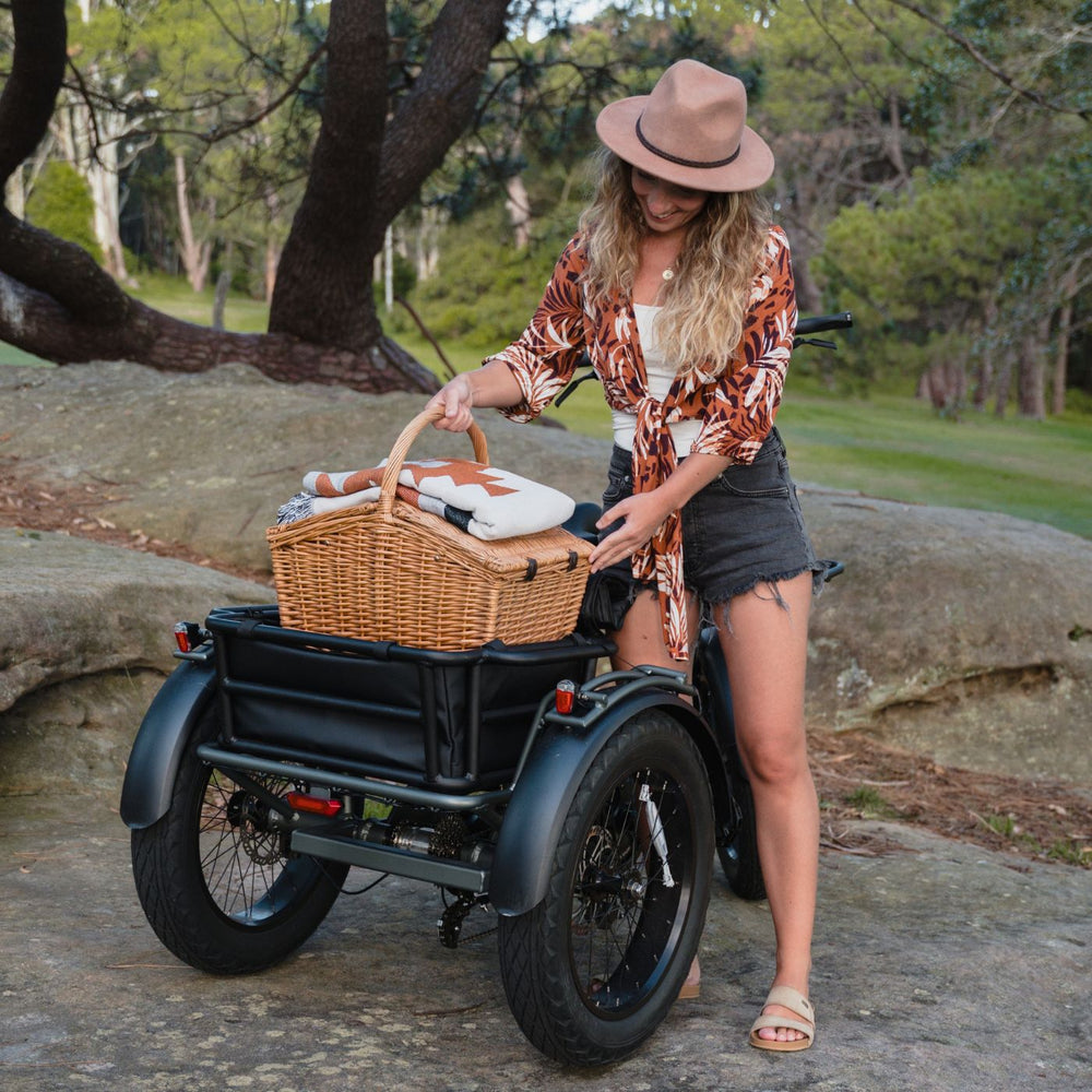 Woman in a hat placing a picnic basket into the rear cargo rack of a black Vamos electric tricycle in a park.