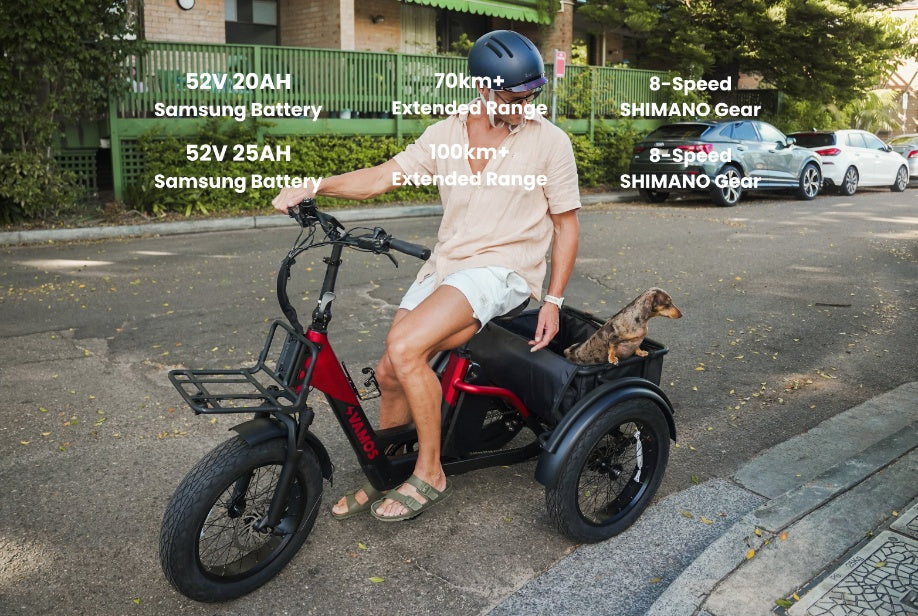 A man riding a red Papa Grande Pro 2026 electric cargo tricycle on a paved street with a small dachshund dog sitting in the large rear cargo basket.