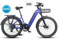 A blue electric bicycle with black components, a front cargo basket, rear rack, fenders, and a step-through frame, shown on a white background with a blue 'Recommended Choice May 2025' badge and an EN15194 Certified badge.