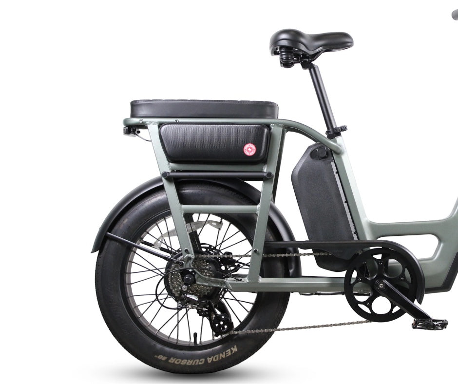The rear profile of a sage green Vamos El Amigo compact cargo e-bike with fat Kenda tires, a padded passenger seat, and a mounted side storage pouch.