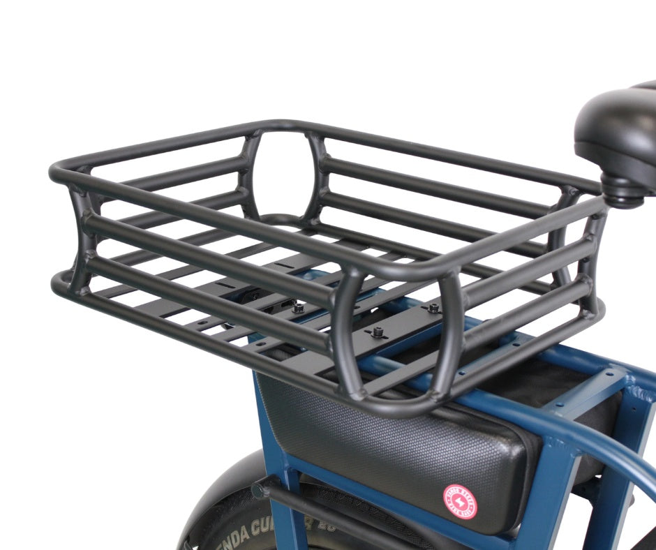 A black metal rear carrier basket mounted on an Amigo 2026 All-Purpose Compact Cargo E-Bike