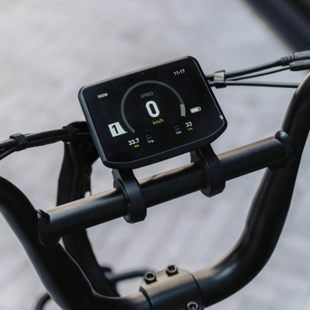 A close-up shot of a Vamos Trio 3-wheel electric trike's digital display panel mounted on the black handlebars.