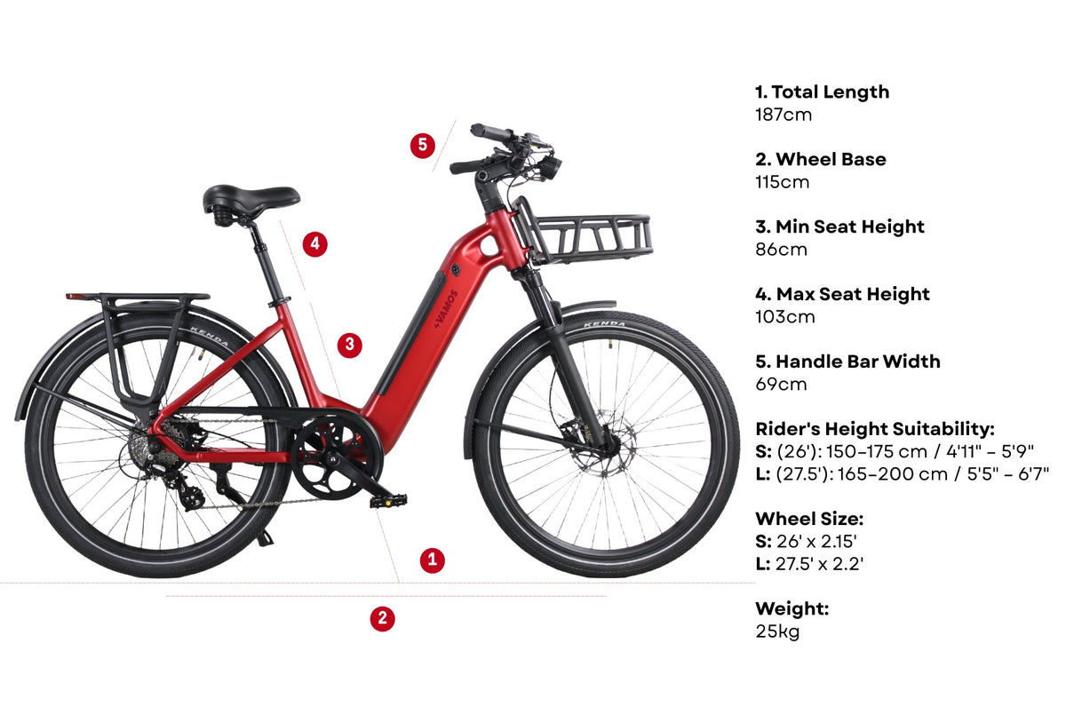 Vamos Rapido 2026 Daily Commuter Electric Bike in red, featuring its key dimensions, weight, and rider height suitability.