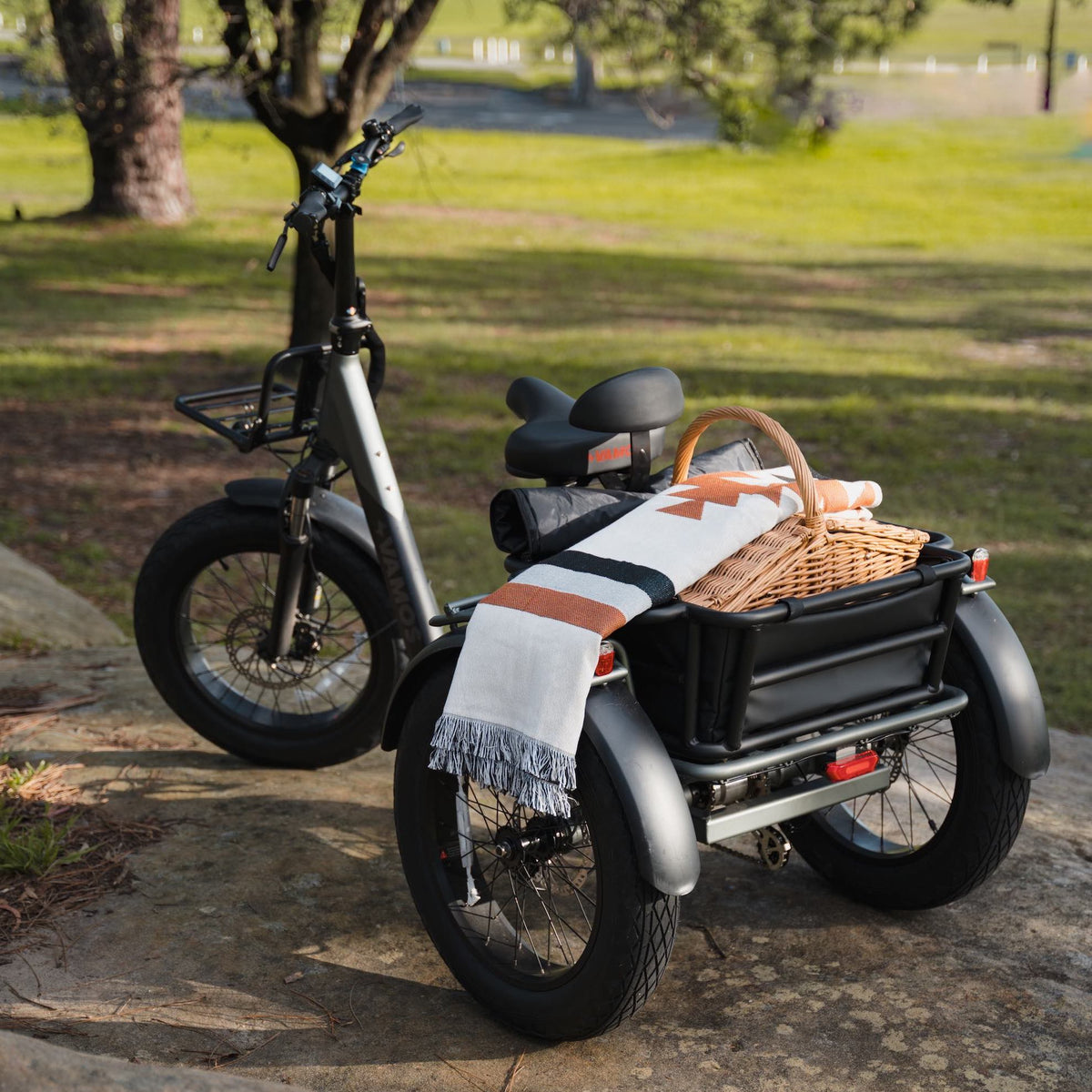 A gray Vamos Bikes Papa Grande Pro 3-wheel electric trike parked outdoors on rocky ground with a picnic basket and blanket in its rear cargo bucket.