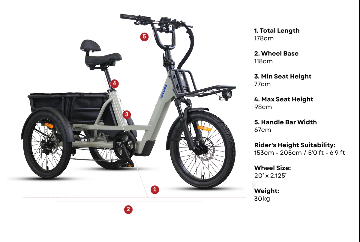 Vamos Trio, 3 Wheel Electric Trike showcasing its dimensions, including a 178 cm total length and 30 kg weight.