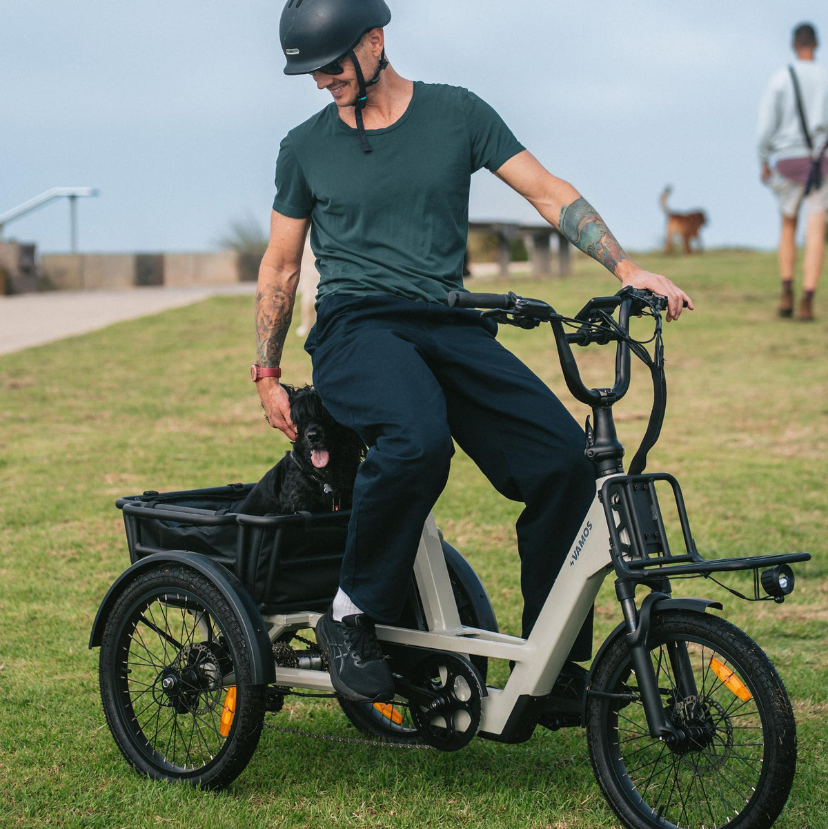 Lifestyle photo of a rider seated on a cream-colored Vamos electric cargo trike petting his dog in the rear basket in a grassy park setting.