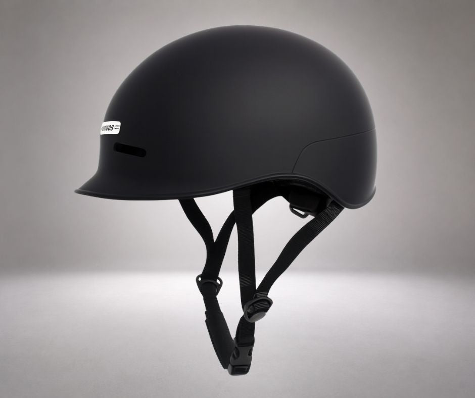 Vamos Black Bike Helmet featuring a sleek matte black finish and a convenient one-handed magnetic chin strap.
