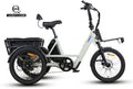 Vamos Trio, a 3-wheel electric cargo tricycle featuring a low step-through frame, a rear storage basket, and front and rear hydraulic disc brakes