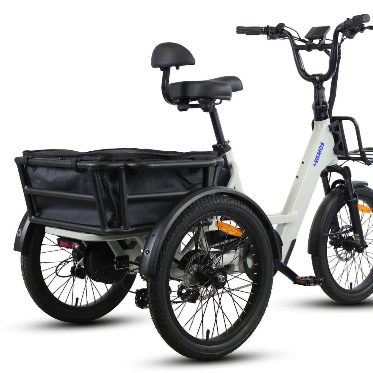 Rear-three-quarter product shot of a cream Vamos electric cargo tricycle detailing the back dual wheels, rear cargo basket, and backrest seat.