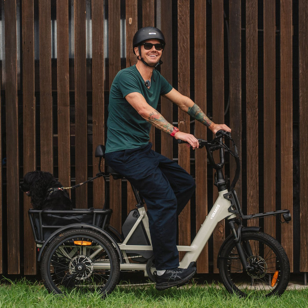 Three-quarter lifestyle photo of a man seated on a cream-colored Vamos electric cargo tricycle carrying a pet dog in the rear basket.
