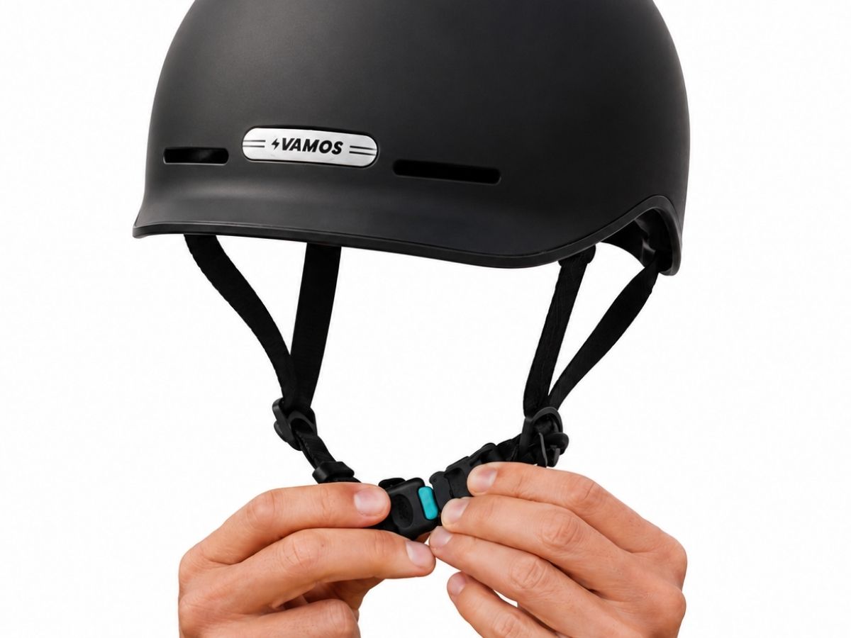 Matte black Vamos bike helmet with a person fastening the chin strap clip.