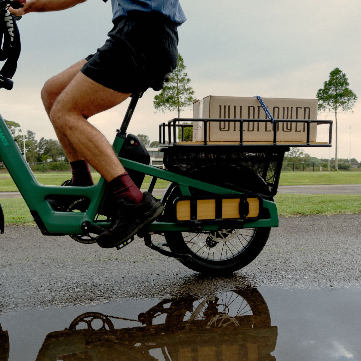 Side view of green Vamos cargo e-bike carrying a package on the rear rack while riding past a puddle outdoors.