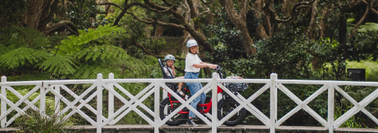 A banner showcasing child seats and family-friendly accessories for Vamos cargo and commuter bikes.